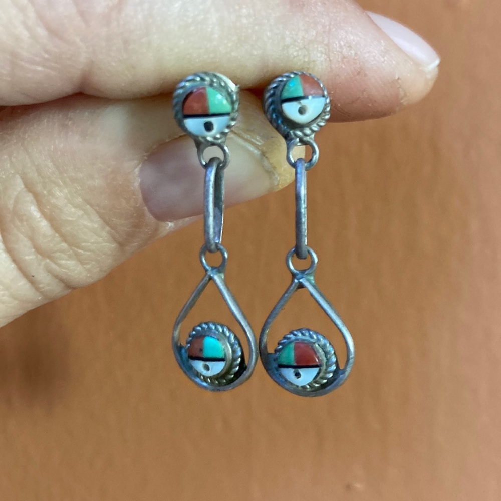 Zuni sterling silver, turquoise, onyx, coral and pearl earrings